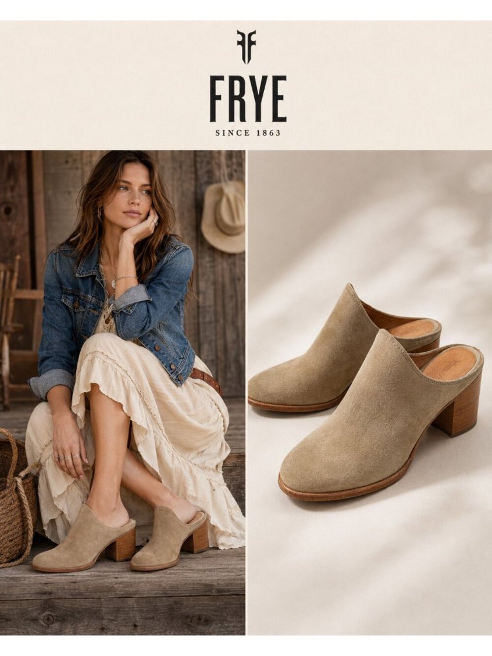 Frye Beige Suede Western Mule Clogs Block Heel Women’s 7B